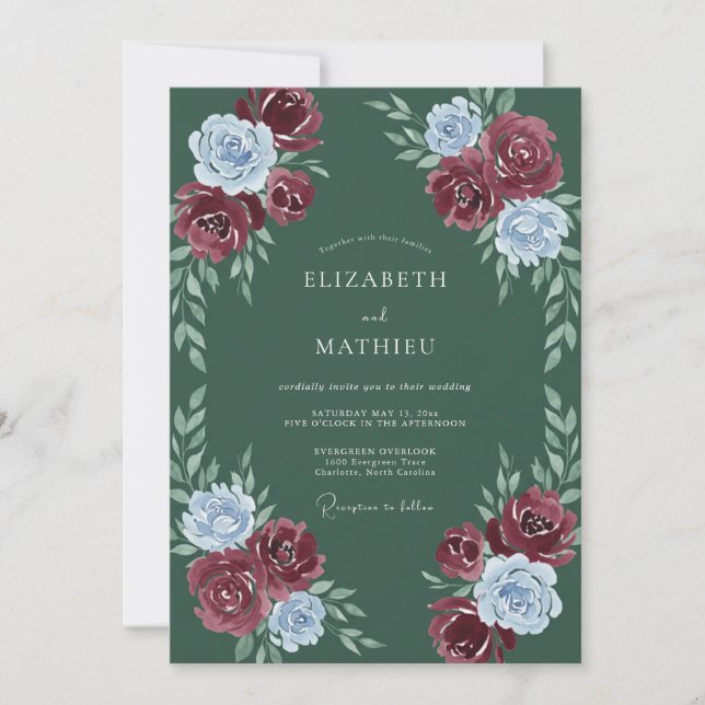 Invitación Boda con floritura floral azul de Borgoña (Anverso)