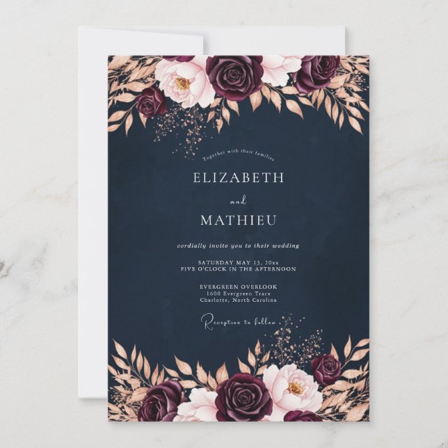 Invitación Boda con floritura floral de Borgoña (Anverso)