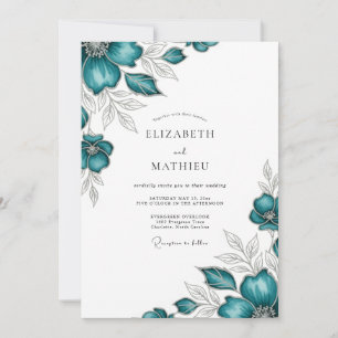 Invitación Boda con floritura floral elegante turquesa