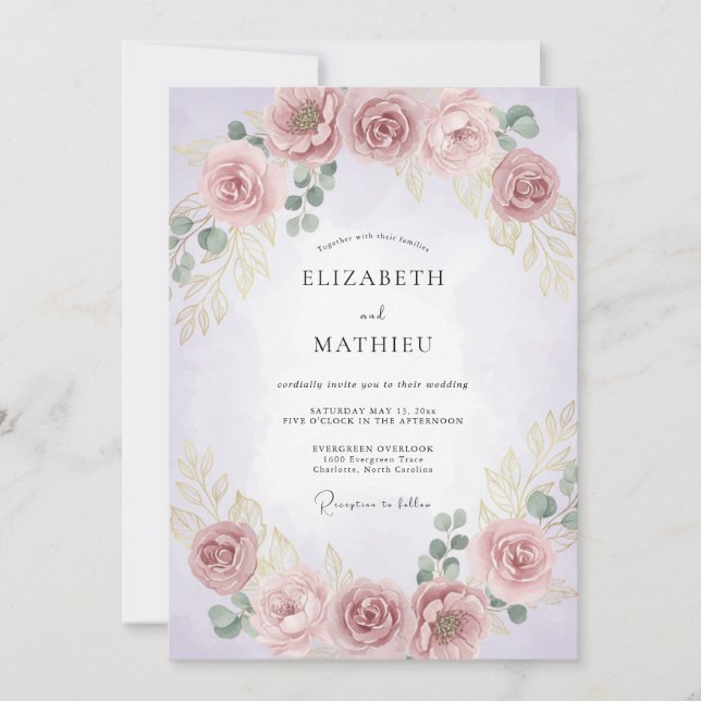 Invitación Boda con floritura floral rosa pálido (Anverso)