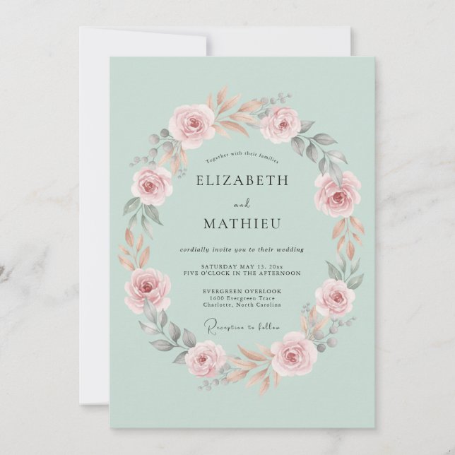 Invitación Boda con floritura floral verde pálido (Anverso)