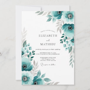 Invitación Boda con floritura pictórica en azul verdoso