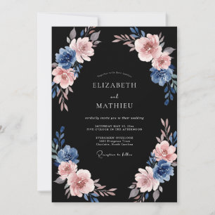 Invitación Boda con floritura pintoresca azul rosa