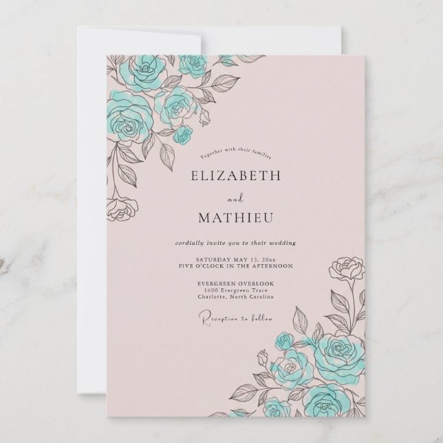 Invitación Boda con floritura pintoresca de rosa verde (Anverso)