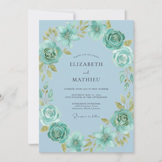 Invitación Boda con floritura susurrante de azul polvoriento (Anverso)
