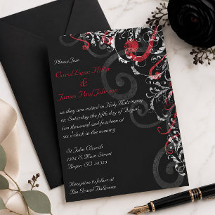 Invitación Boda con florituras en espiral negras, blancas y r