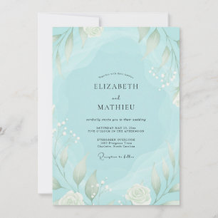 Invitación Boda con follaje acuarela aqua