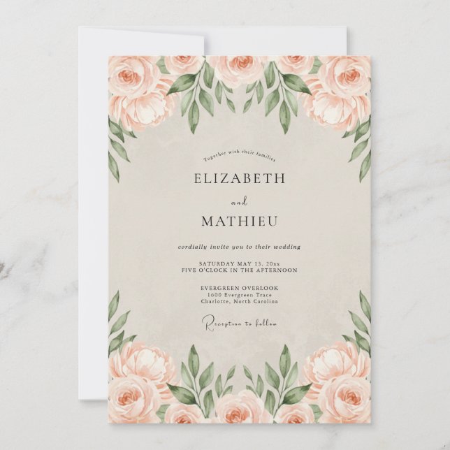Invitación Boda con follaje de acuarela albaricoque (Anverso)