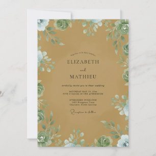 Invitación Boda con follaje de acuarela ocre