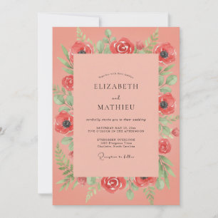 Invitación Boda con Follaje de Amapola Coral