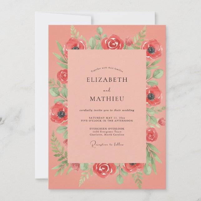 Invitación Boda con Follaje de Amapola Coral (Anverso)