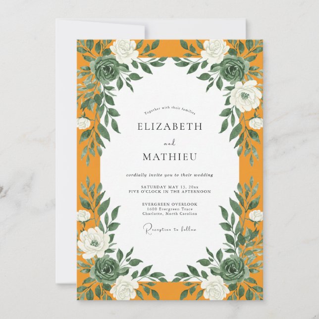 Invitación Boda con follaje de caléndula y eucalipto (Anverso)