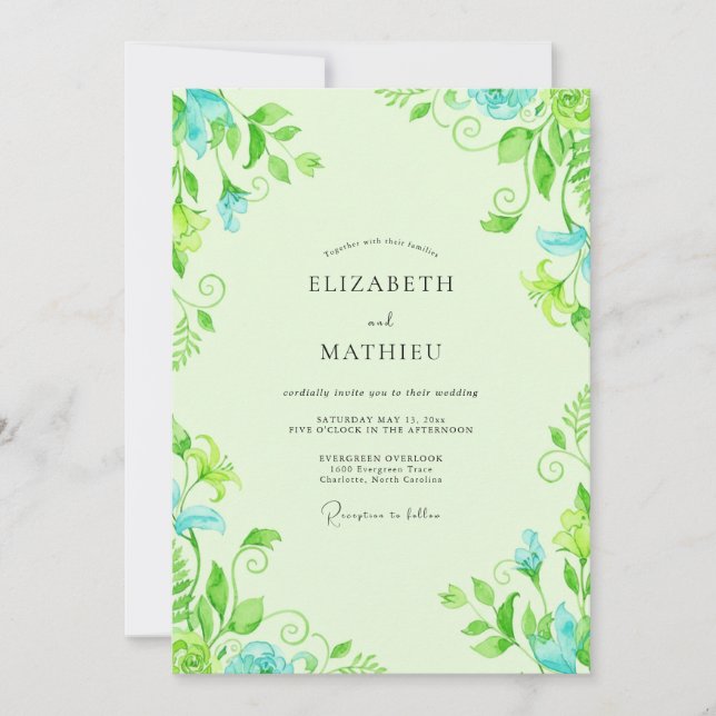 Invitación Boda con follaje de eucalipto Aqua Lima (Anverso)