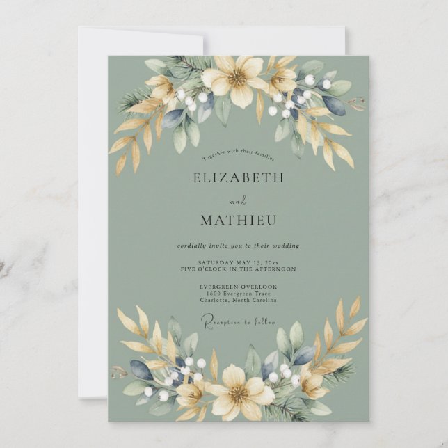 Invitación Boda con follaje de eucalipto celadón champán (Anverso)