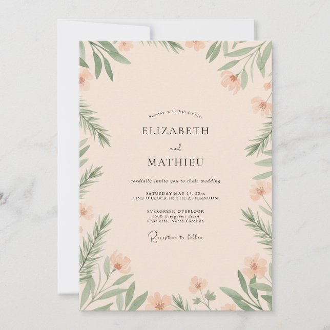 Invitación Boda con follaje de eucalipto champán (Anverso)