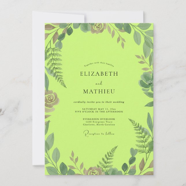 Invitación Boda con follaje de eucalipto Chartreuse (Anverso)