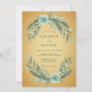 Invitación Boda con follaje de eucalipto en ocre y aqua
