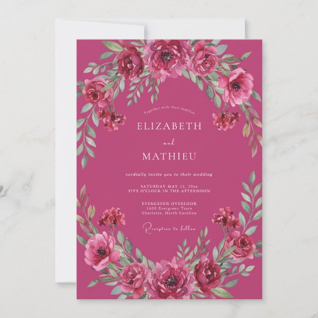Invitación Boda con Follaje de Fruta Magenta (Anverso)