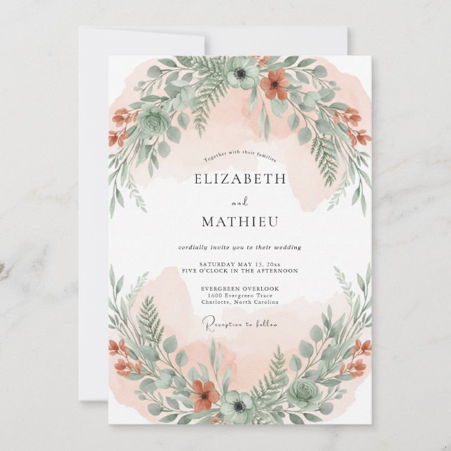 Invitación Boda con follaje de helecho albaricoque (Anverso)