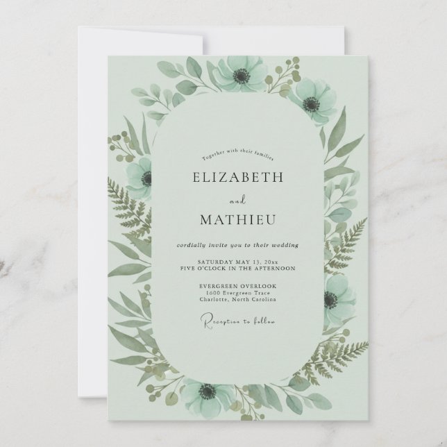 Invitación Boda con follaje de helecho celadón (Anverso)