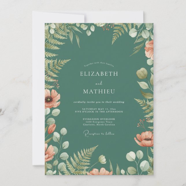 Invitación Boda con Follaje de Helecho Jade (Anverso)