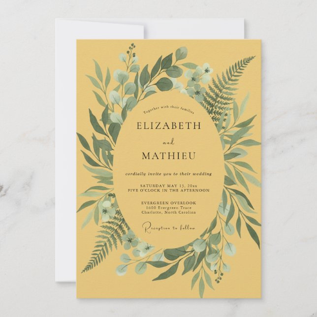 Invitación Boda con Follaje de Helecho Mostaza (Anverso)