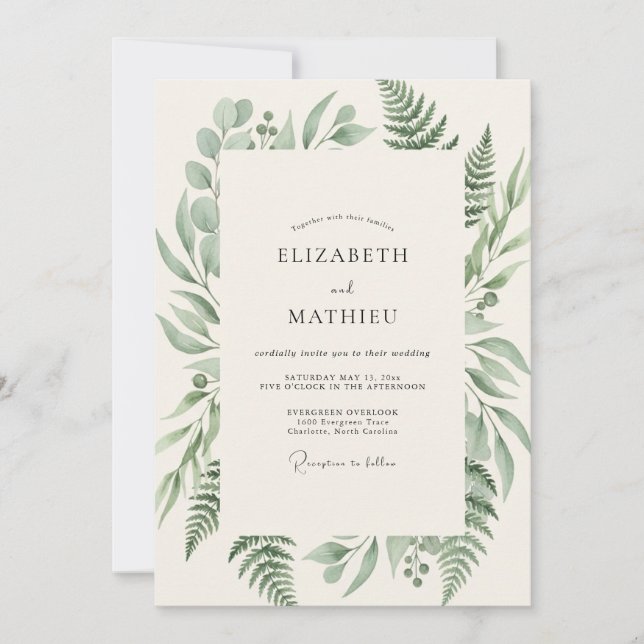 Invitación Boda con Follaje de Helecho Oliva (Anverso)