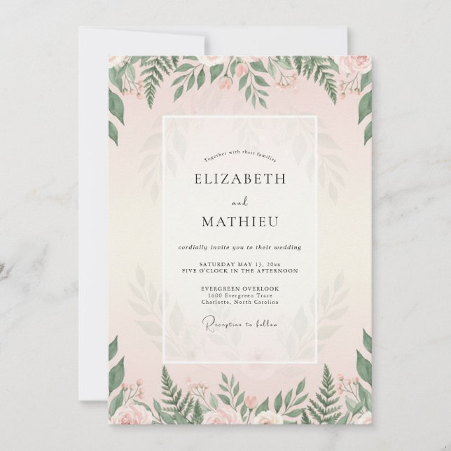 Invitación Boda con Follaje de Helecho Rosado (Anverso)