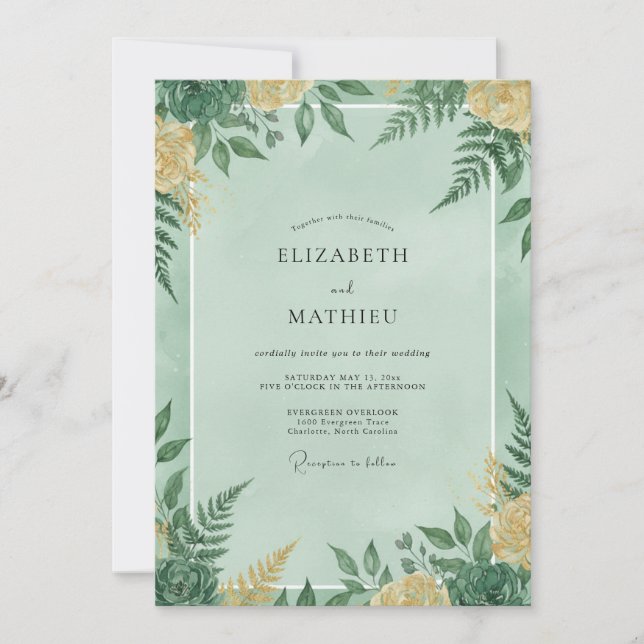 Invitación Boda con Follaje de Helecho y Menta (Anverso)
