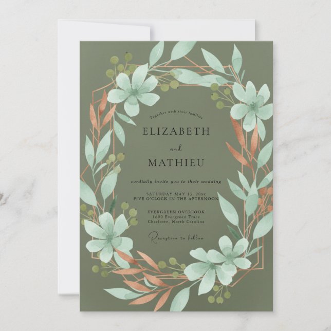 Invitación Boda con follaje de menta y musgo (Anverso)