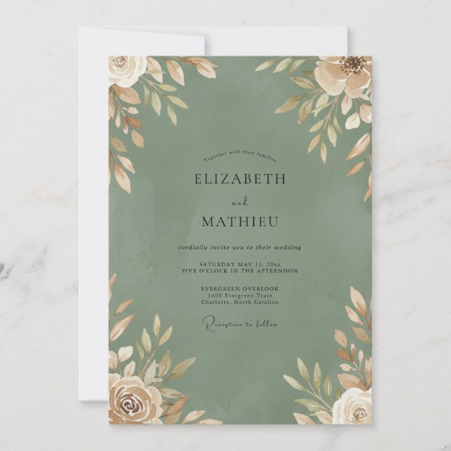 Invitación Boda con follaje de musgo champán (Anverso)
