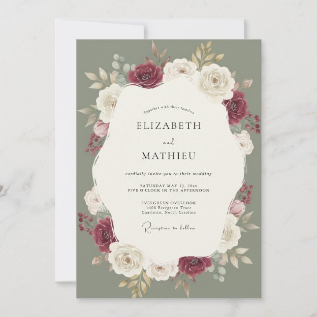 Invitación Boda con Follaje de Musgo de Borgoña (Anverso)