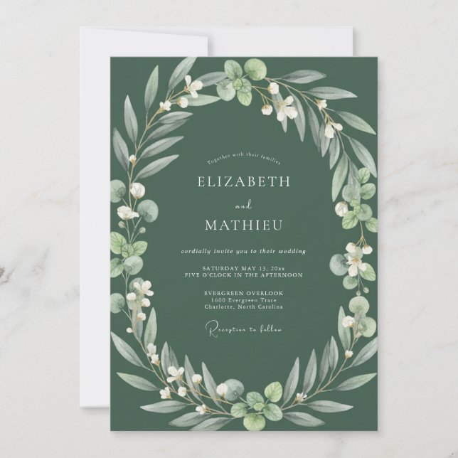 Invitación Boda con Follaje de Musgo Oscuro (Anverso)