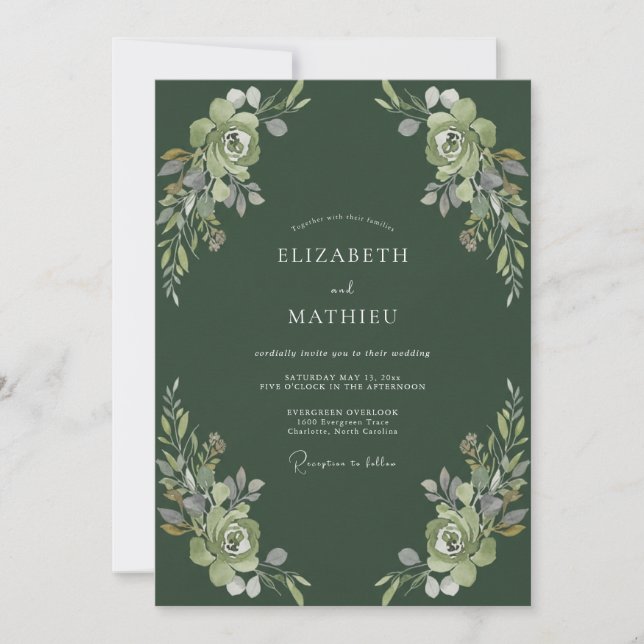 Invitación Boda con Follaje de Musgo Profundo (Anverso)