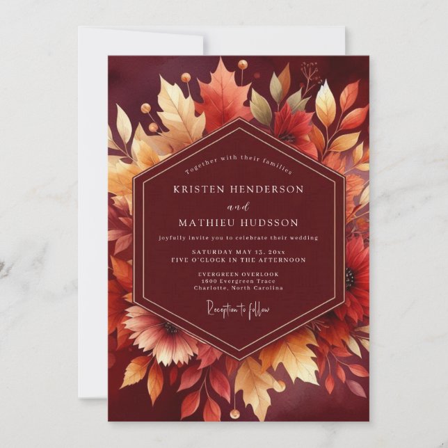 Invitación Boda con Follaje de Otoño Borgoña (Anverso)