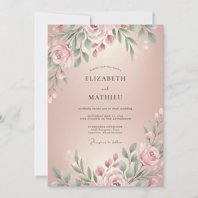 Invitación Boda con follaje de pétalo rosado (Anverso)