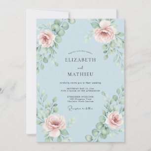 Invitación Boda con Follaje de Pétalos Celestes