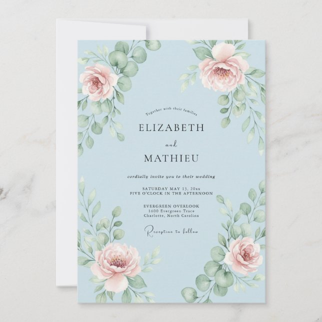 Invitación Boda con Follaje de Pétalos Celestes (Anverso)