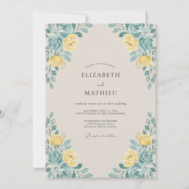 Invitación Boda con Follaje de Rosa Amarilla (Anverso)