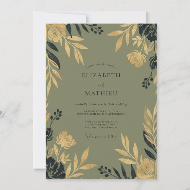 Invitación Boda con Follaje Dorado de Musgo (Anverso)