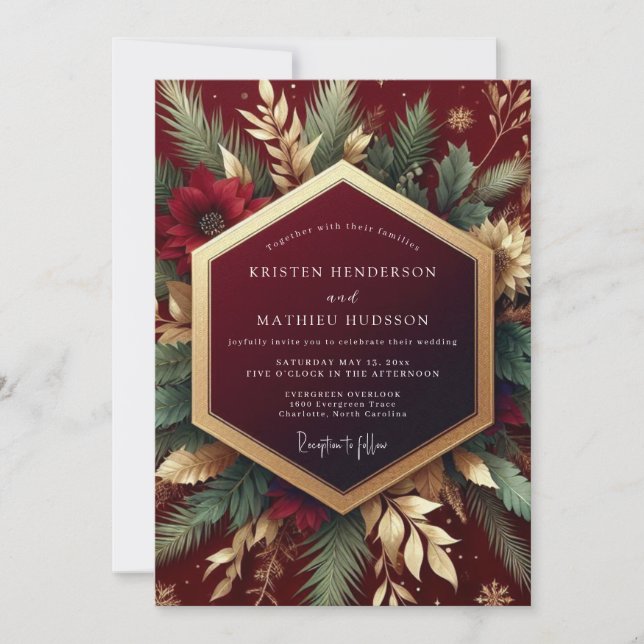 Invitación Boda con Follaje Festivo Borgoña (Anverso)