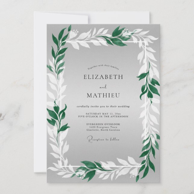 Invitación Boda con follaje gris verdoso (Anverso)