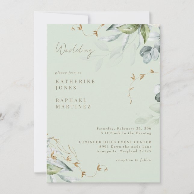 Invitación Boda con Follaje Ligero Sin Padres  (Anverso)
