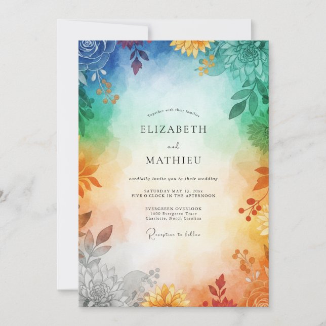 Invitación Boda con Follaje Pintado de Arcoíris (Anverso)