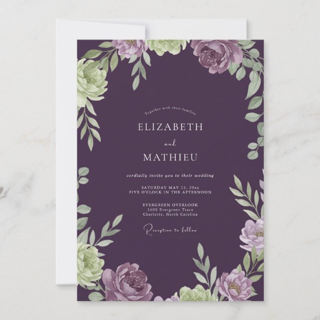 Invitación Boda con follaje pintado de berenjena (Anverso)