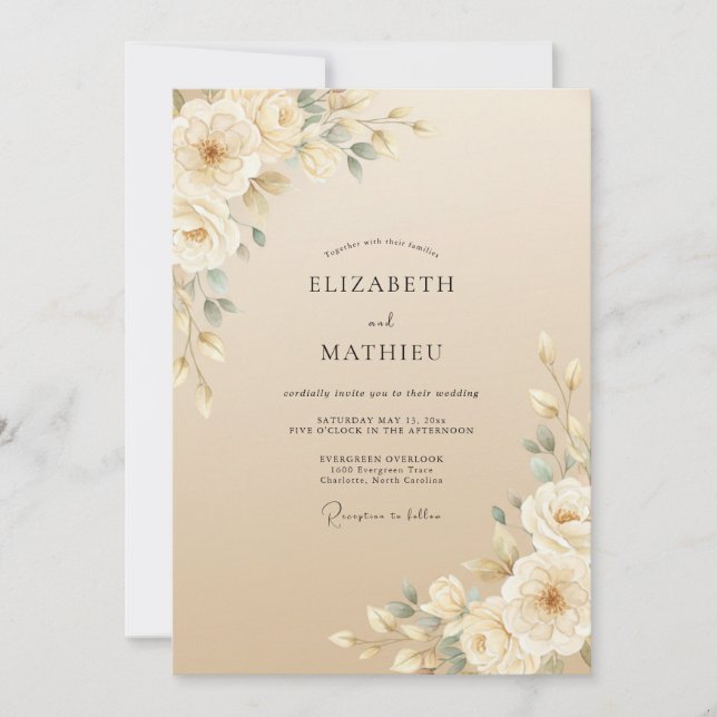 Invitación Boda con follaje pintado de champán (Anverso)