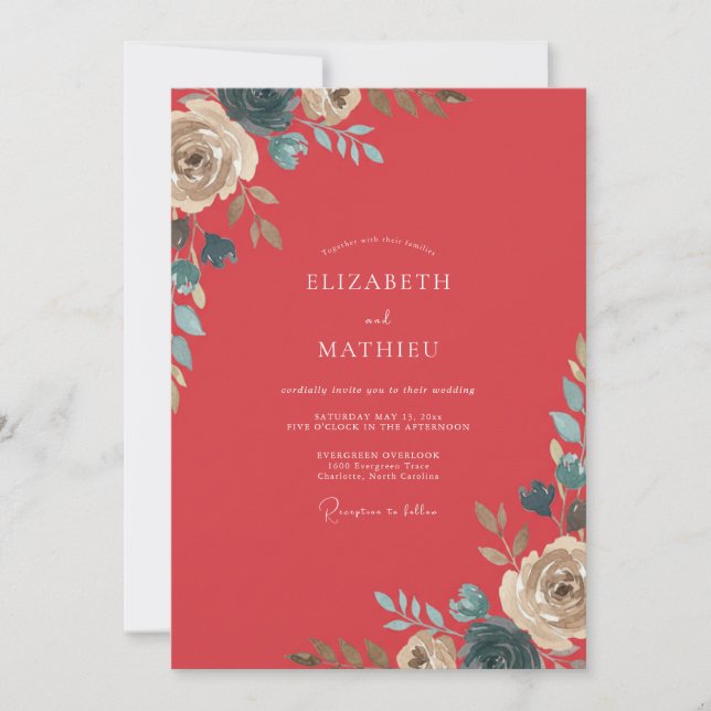 Invitación Boda con follaje pintado de coral (Anverso)