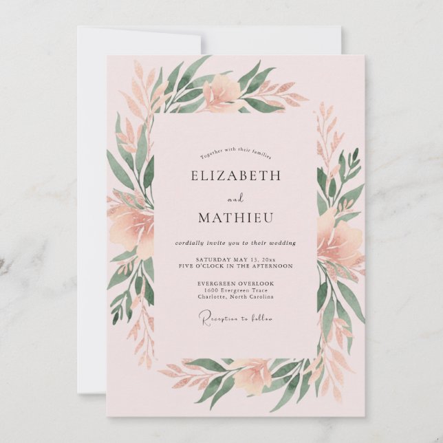 Invitación Boda con follaje pintado de coral apagado (Anverso)