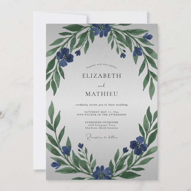 Invitación Boda con Follaje Pintado de Índigo (Anverso)