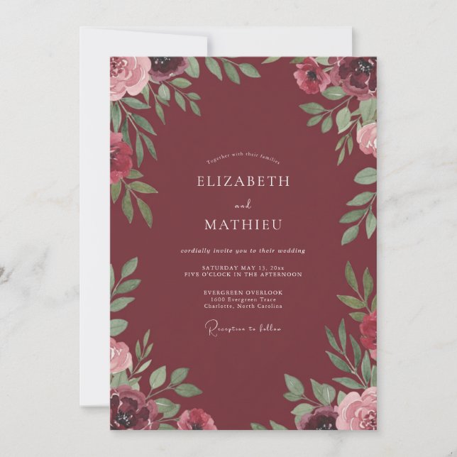 Invitación Boda con follaje pintado de Marsala (Anverso)